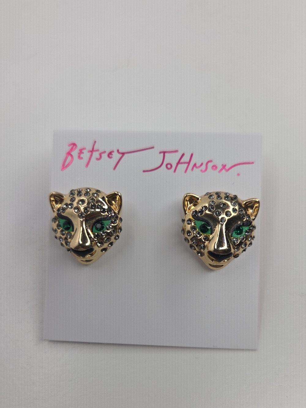 💛▪️Betsey Johnson ▪️Gold Leopard Head Stud Earrings with Green Eyes